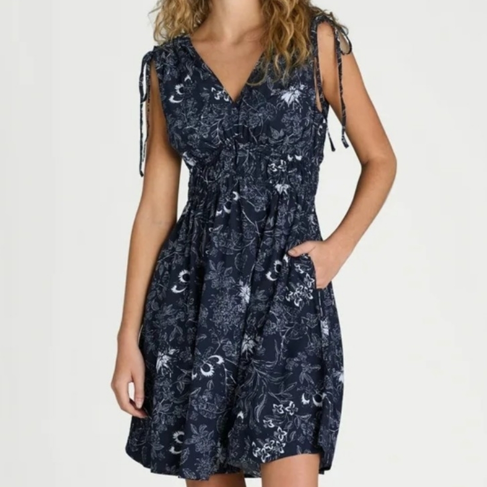 TIME & TRU Tie Shoulder Sweet Boho Navy Floral Coastal Cowgirl Mini Dress NWT